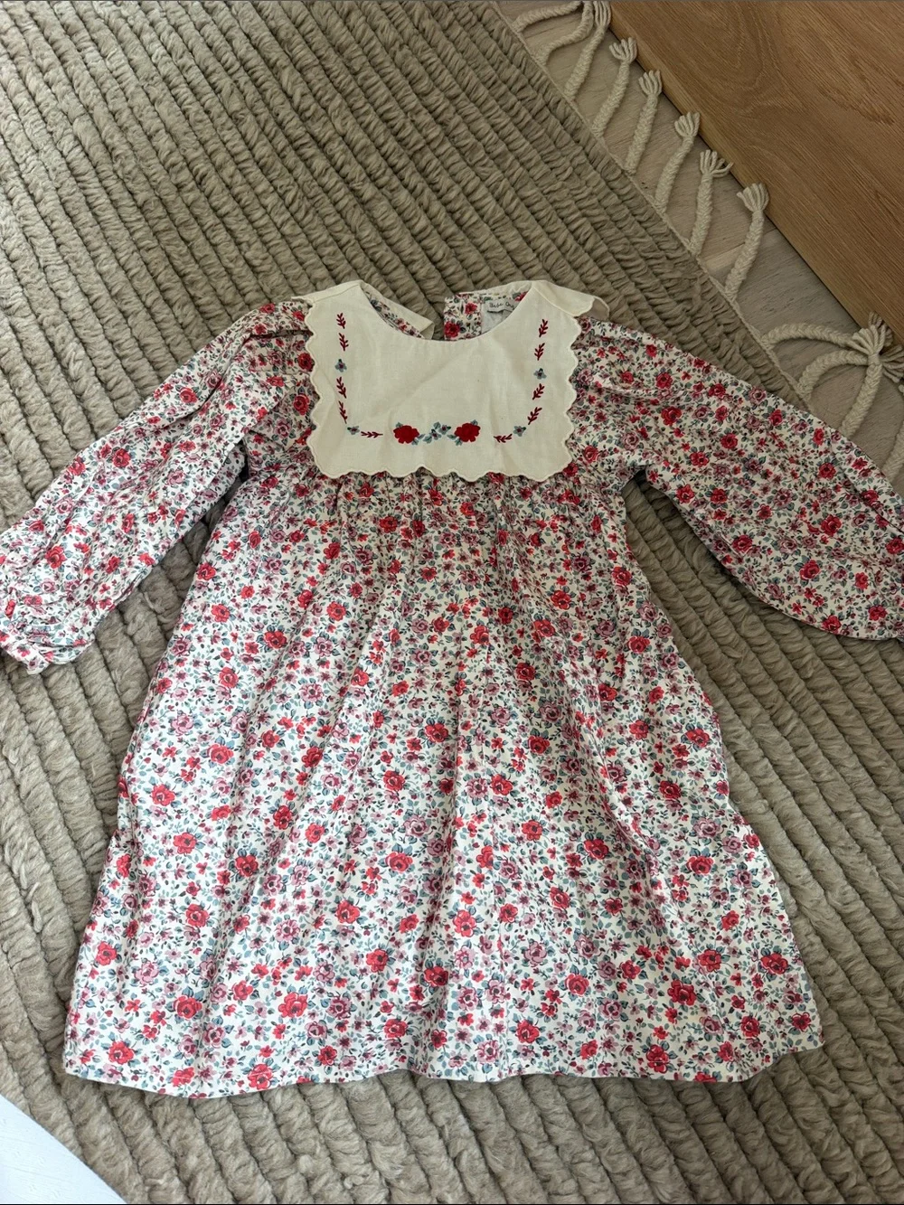 Girls Floral Smocked Bib Dress - Red White